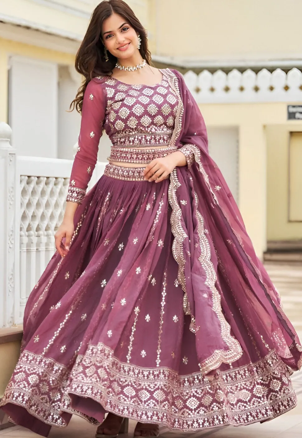 Embroidered Georgette Lehenga in Dusty Purple