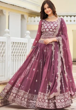 Embroidered Georgette Lehenga in Dusty Purple