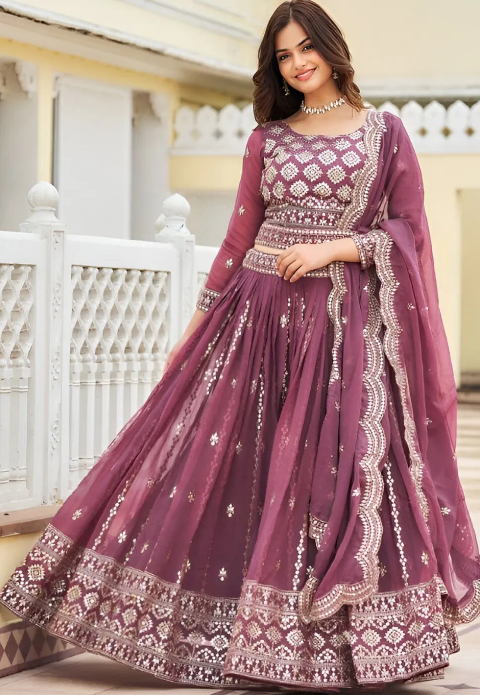 Embroidered Georgette Lehenga in Dusty Purple