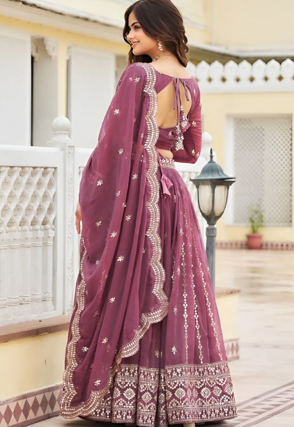 Embroidered Georgette Lehenga in Dusty Purple