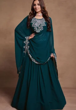 Embroidered Georgette Lehenga in Teal Blue