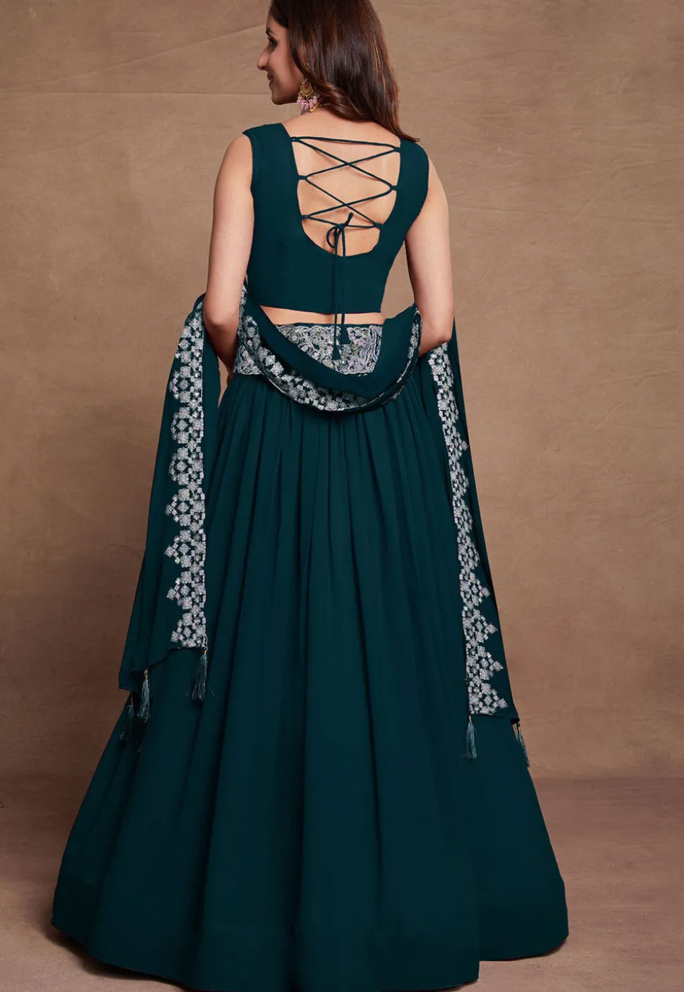 Embroidered Georgette Lehenga in Teal Blue