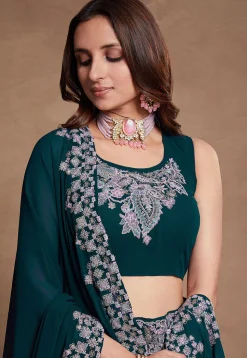 Embroidered Georgette Lehenga in Teal Blue
