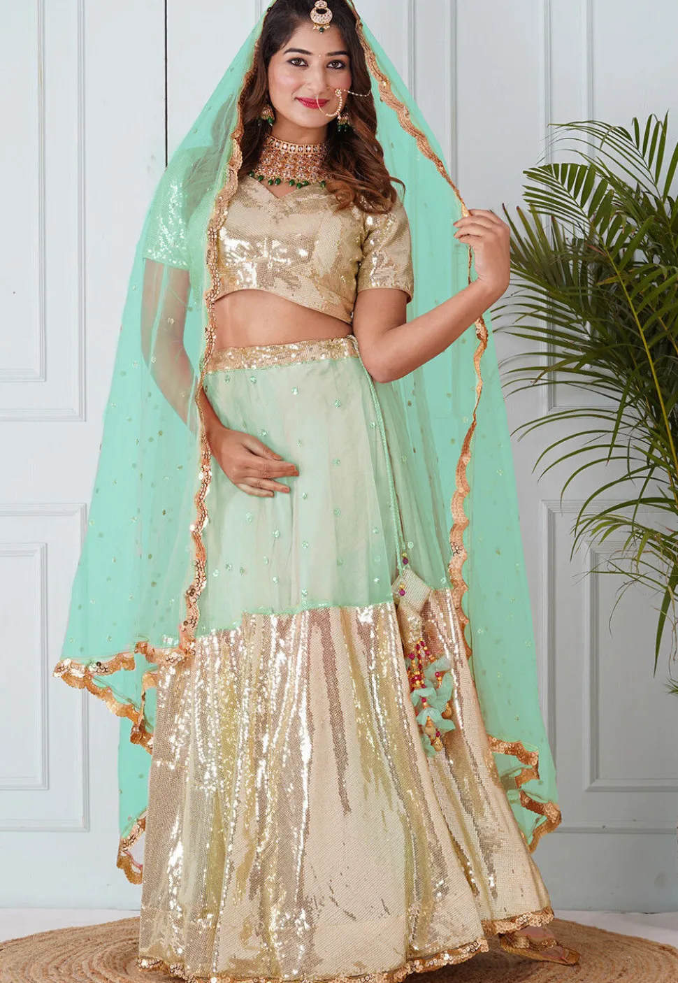 Embroidered Georgette Lehenga in Pastel Green and Beige