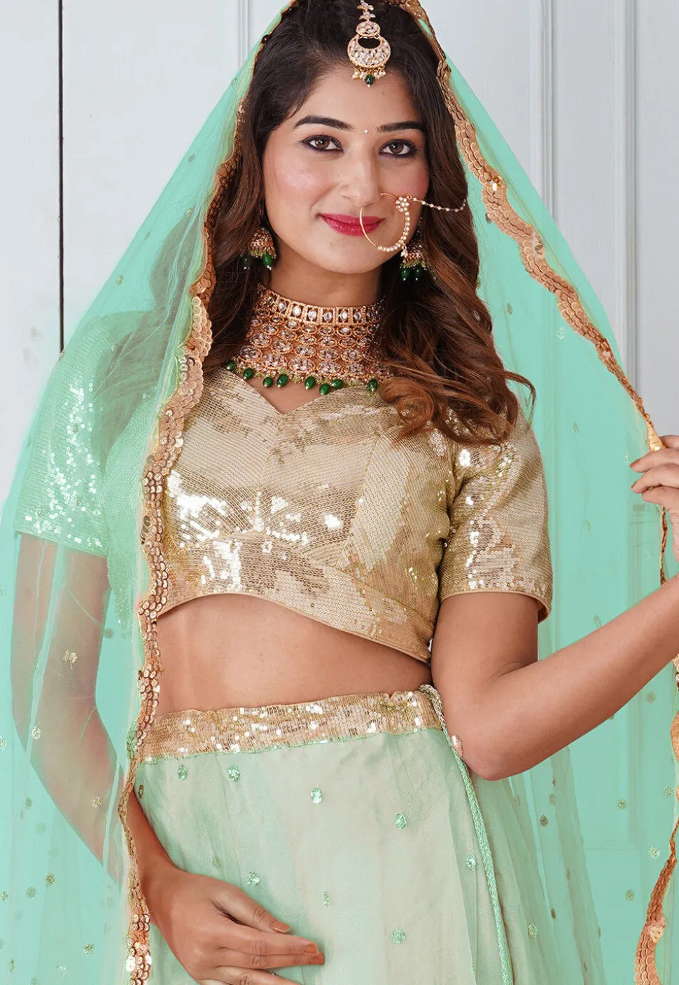 Embroidered Georgette Lehenga in Pastel Green and Beige