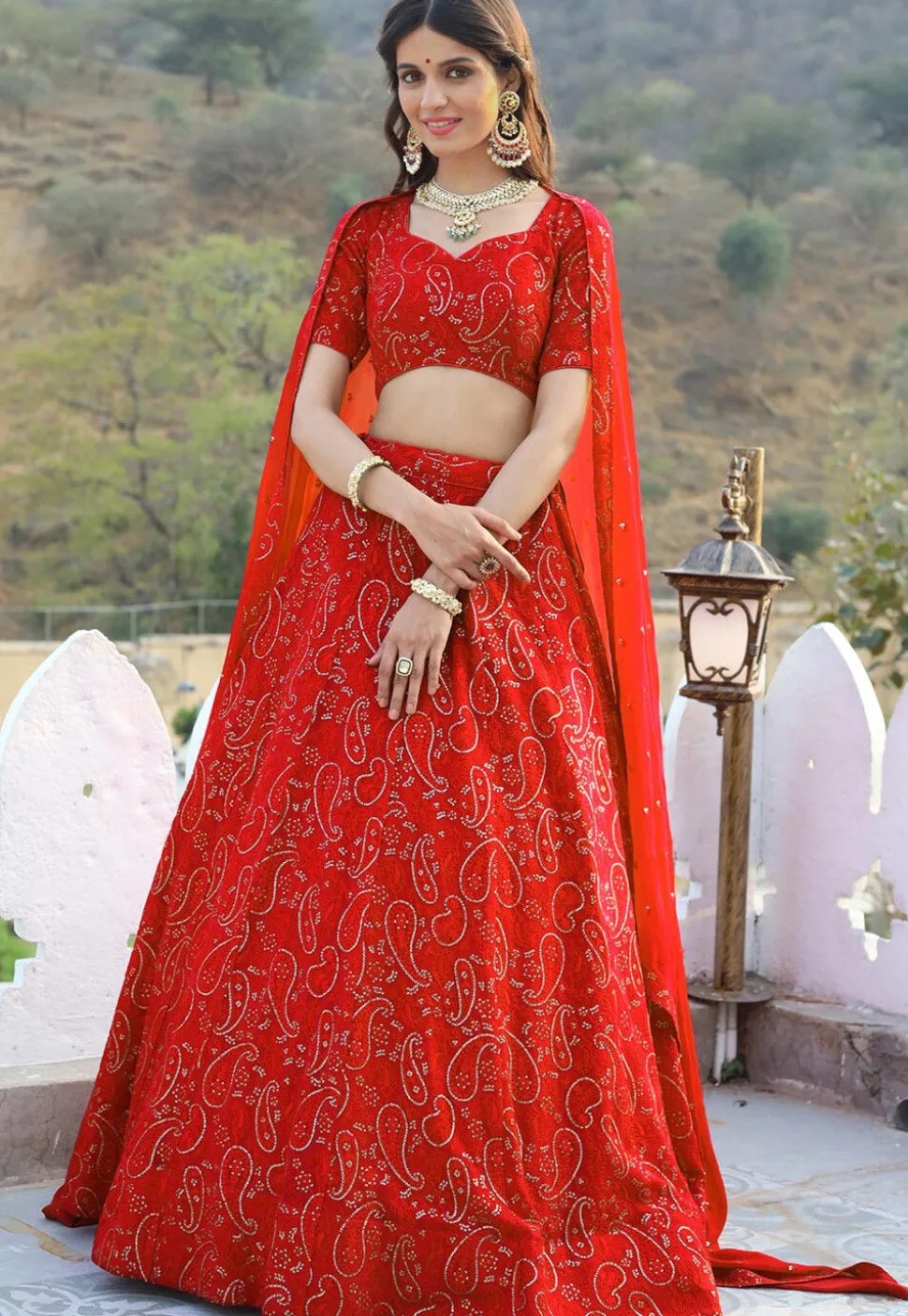 Embroidered Georgette Lehenga in Red