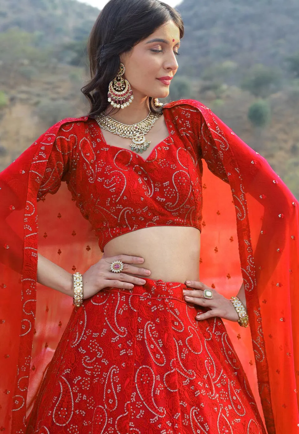 Embroidered Georgette Lehenga in Red