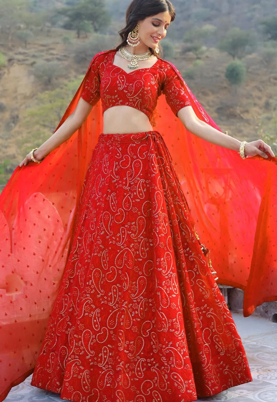 Embroidered Georgette Lehenga in Red