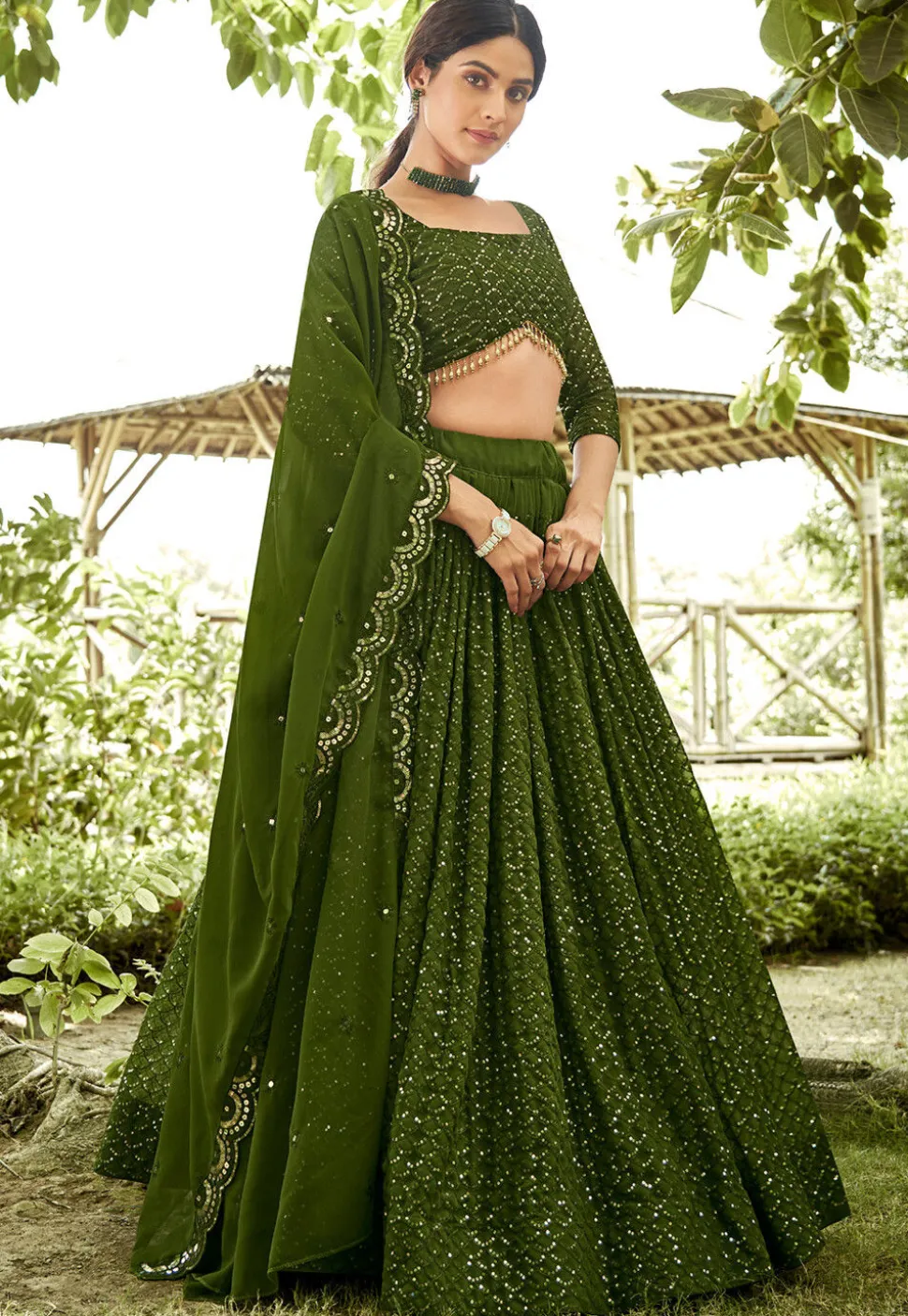 Embroidered Georgette Lehenga in Olive Green