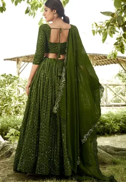 Embroidered Georgette Lehenga in Olive Green