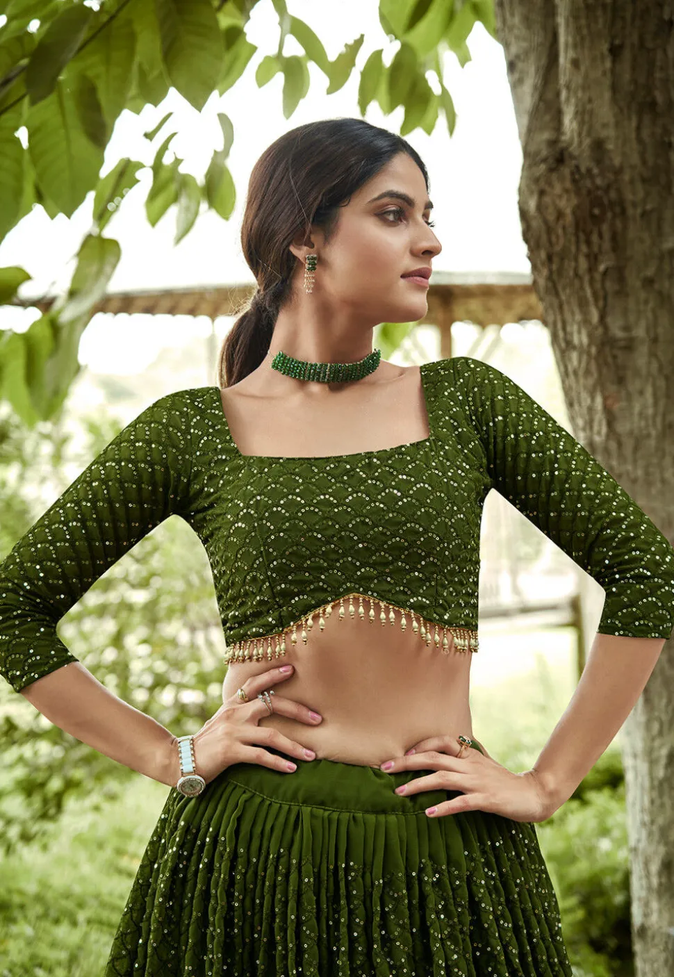 Embroidered Georgette Lehenga in Olive Green
