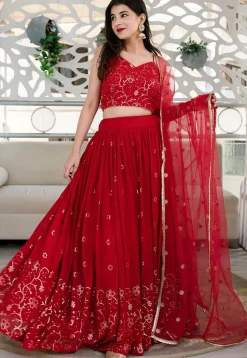 Embroidered Georgette Lehenga in Red