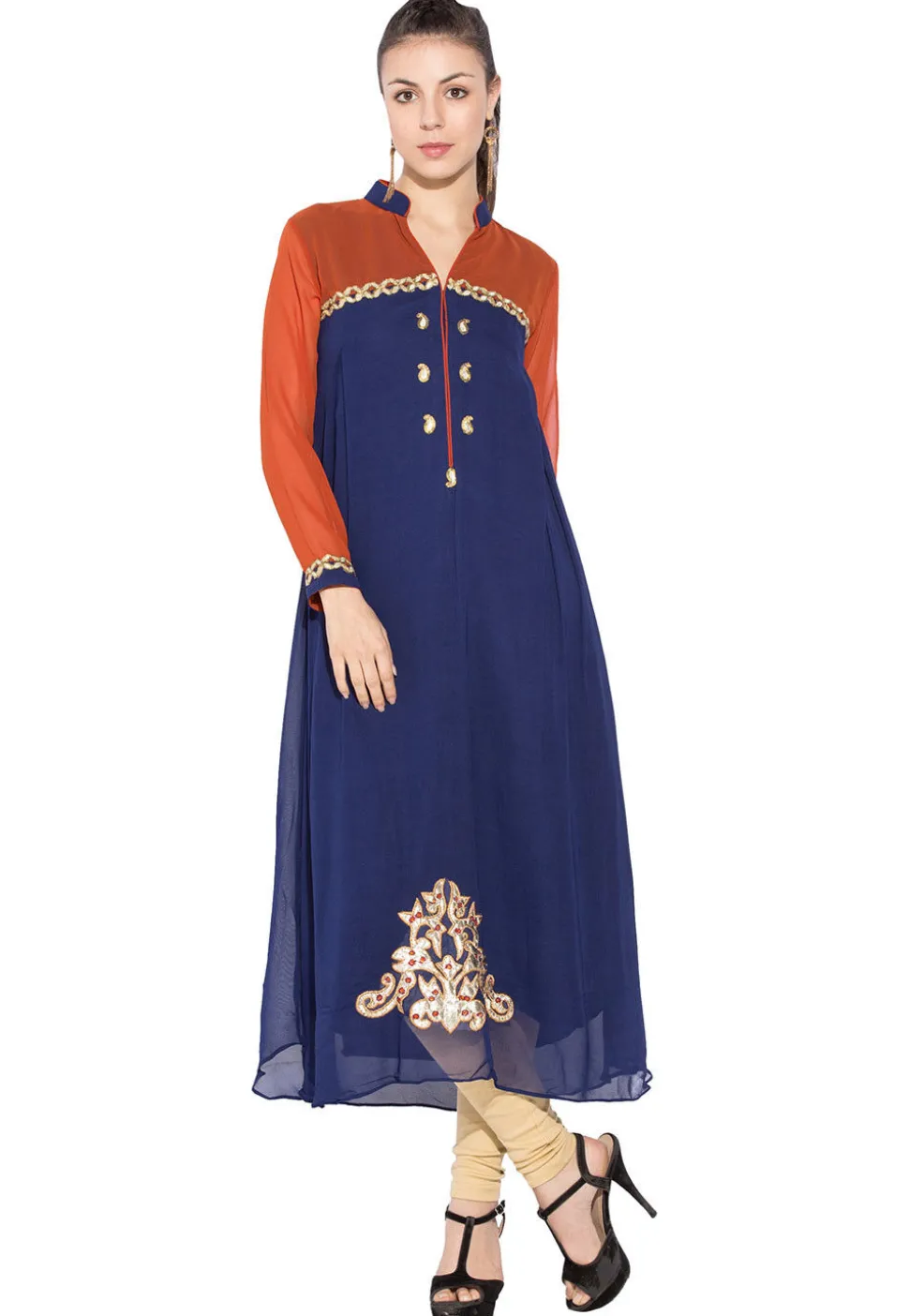 Embroidered Georgette Long Kurta In Navy Blue And Rust