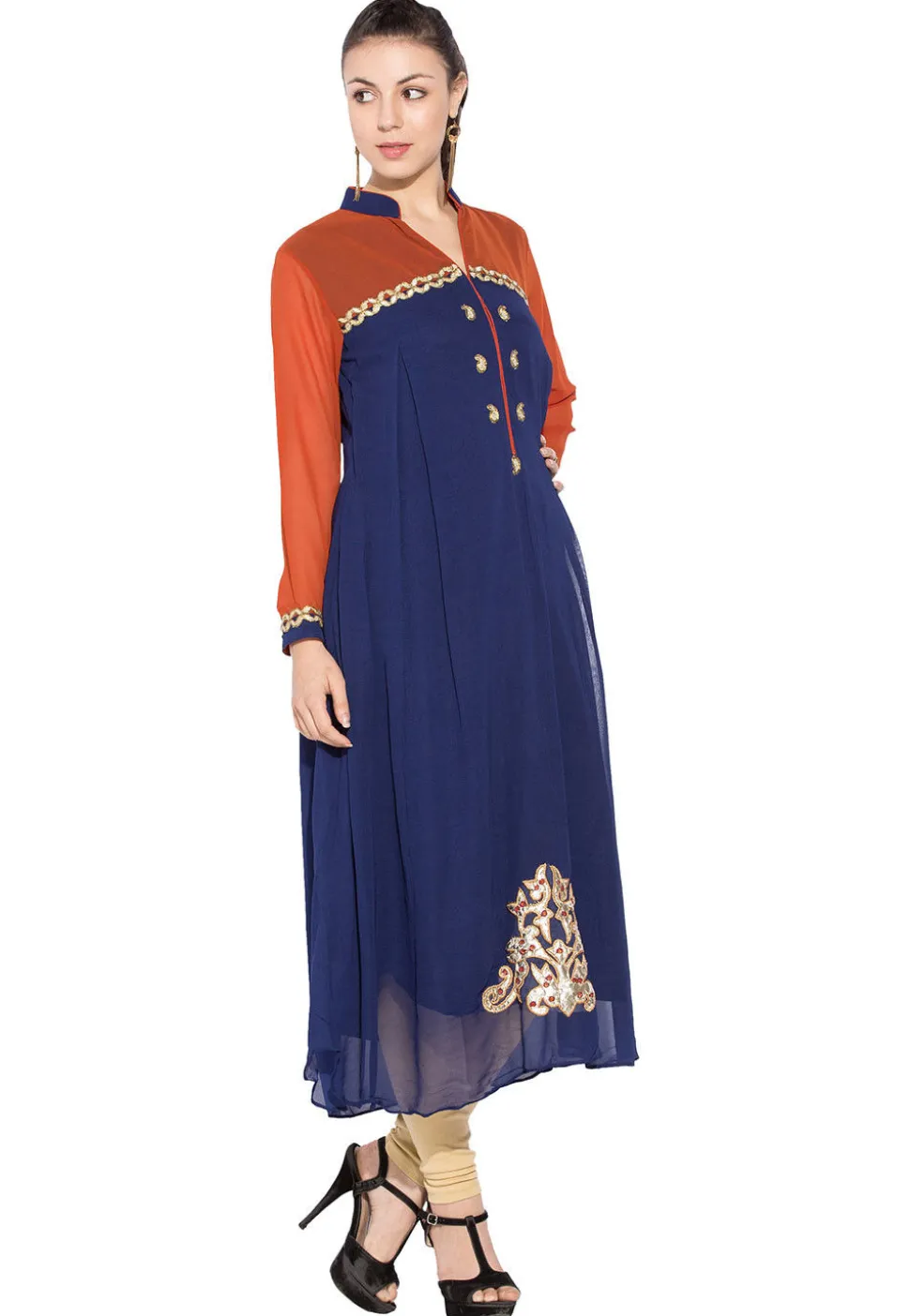 Embroidered Georgette Long Kurta In Navy Blue And Rust