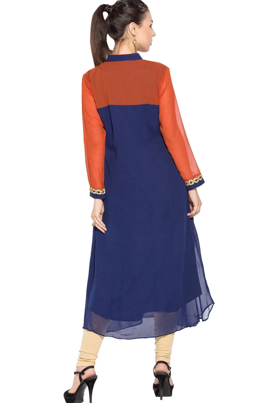 Embroidered Georgette Long Kurta In Navy Blue And Rust