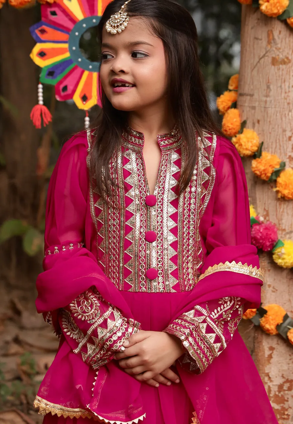 Embroidered Georgette Long Kurta in Fuchsia