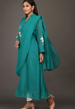 Embroidered Georgette Long Kurta in Teal Blue