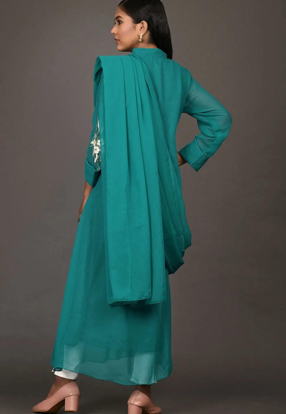 Embroidered Georgette Long Kurta in Teal Blue