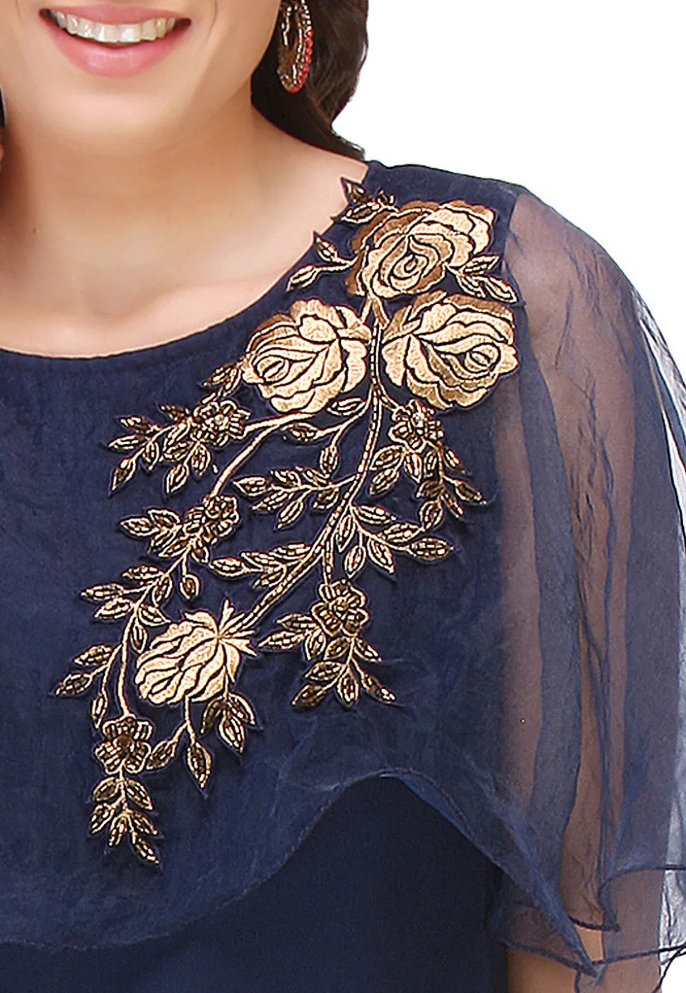 Embroidered Georgette Long Kurta in Navy Blue