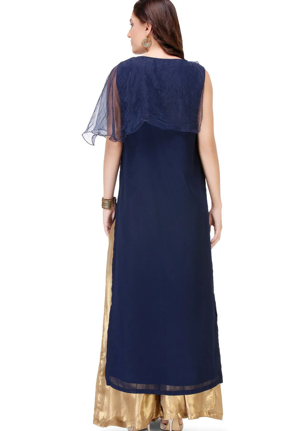Embroidered Georgette Long Kurta in Navy Blue