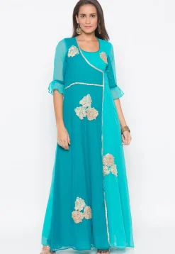Embroidered Georgette Long Anarkali Kurta in Turquoise