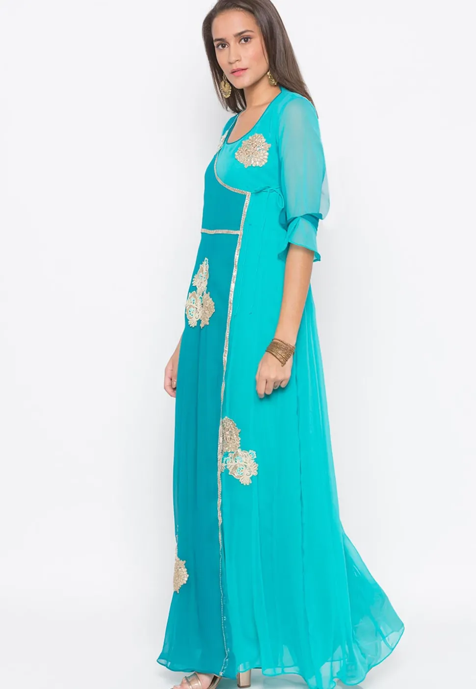 Embroidered Georgette Long Anarkali Kurta in Turquoise