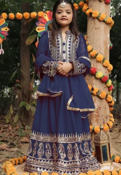 Embroidered Georgette Long Kurta in Navy Blue