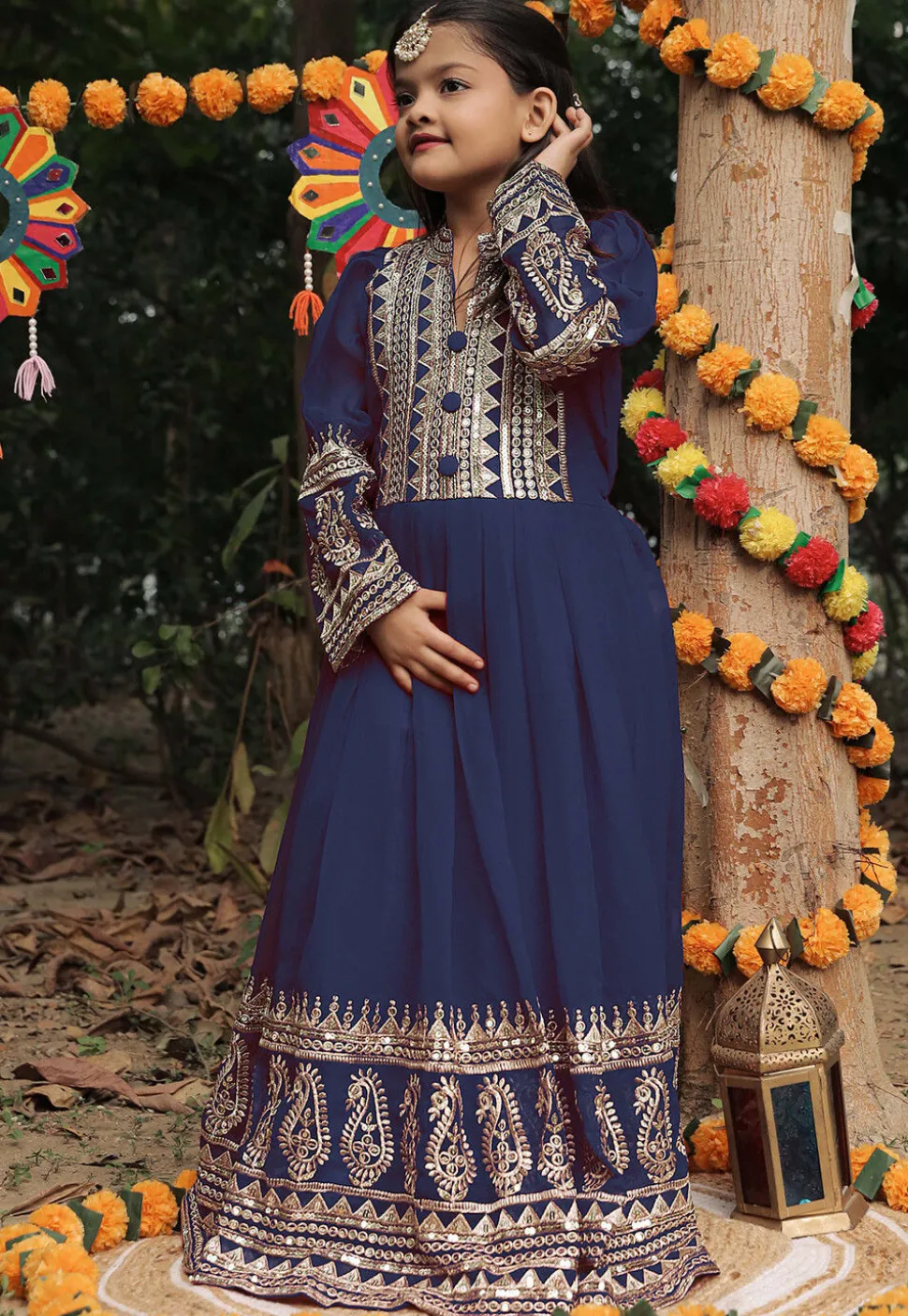 Embroidered Georgette Long Kurta in Navy Blue