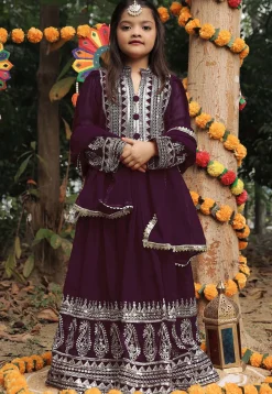 Embroidered Georgette Long Kurta in Purple