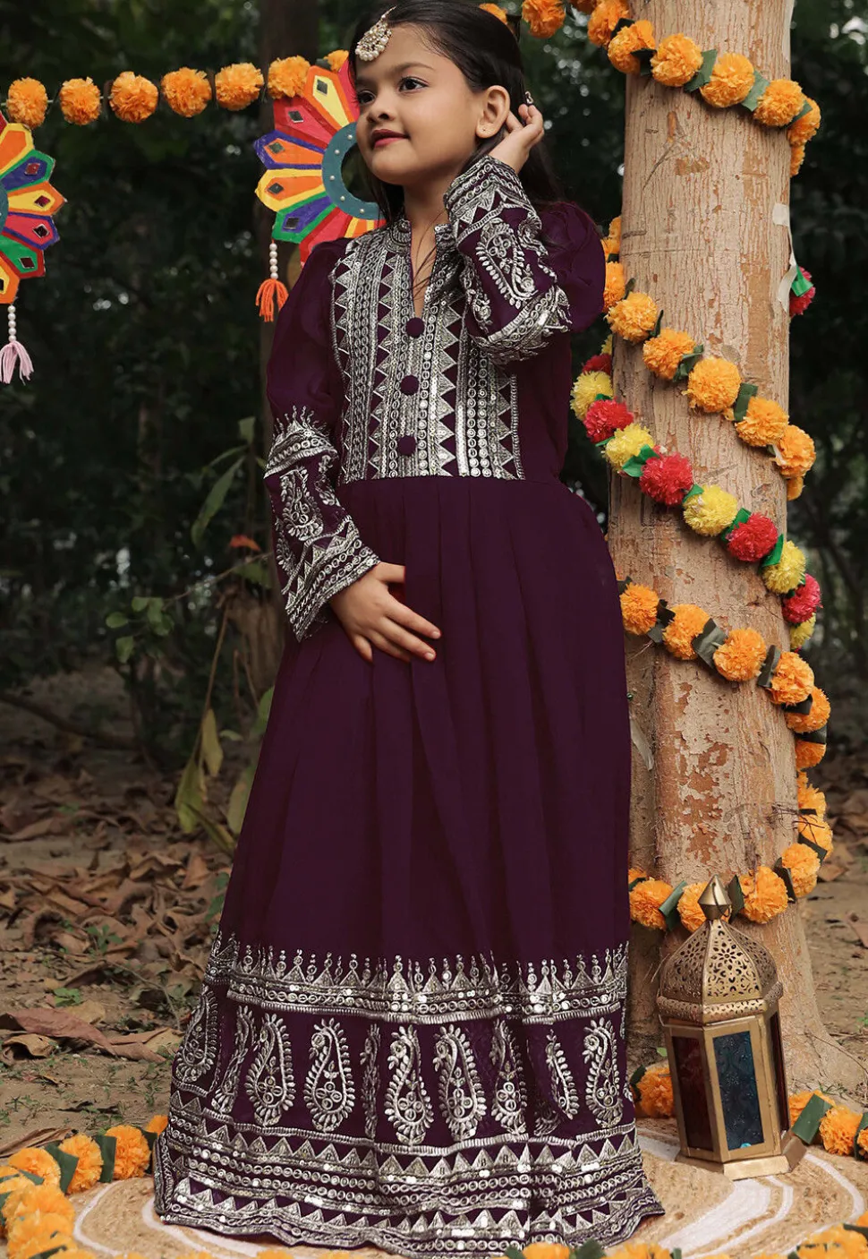 Embroidered Georgette Long Kurta in Purple