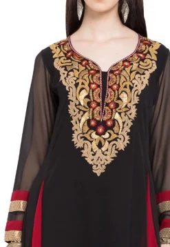 Embroidered Georgette Long Kurta in Black and Red