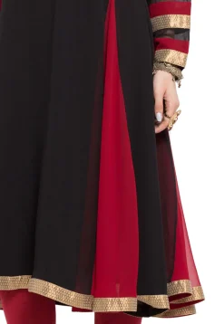 Embroidered Georgette Long Kurta in Black and Red