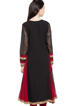 Embroidered Georgette Long Kurta in Black and Red