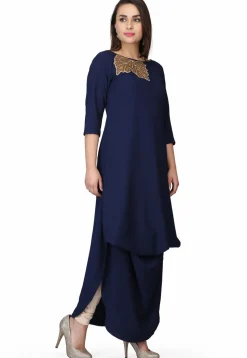 Embroidered Georgette Maxi Dress in Navy Blue