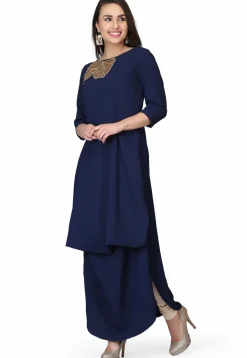 Embroidered Georgette Maxi Dress in Navy Blue