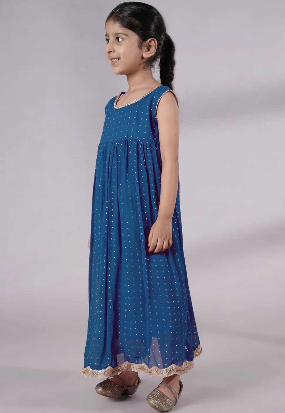 Embroidered Georgette Maxi Dress in Teal Blue