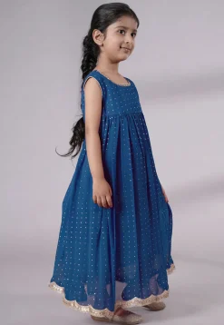 Embroidered Georgette Maxi Dress in Teal Blue