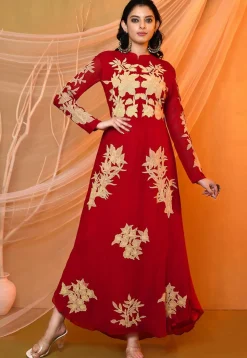 Embroidered Georgette Maxi Dress in Red