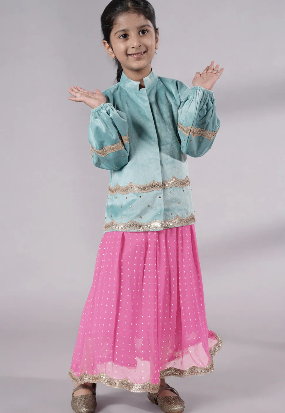 Embroidered Georgette Maxi Dress with Jacket in Pink