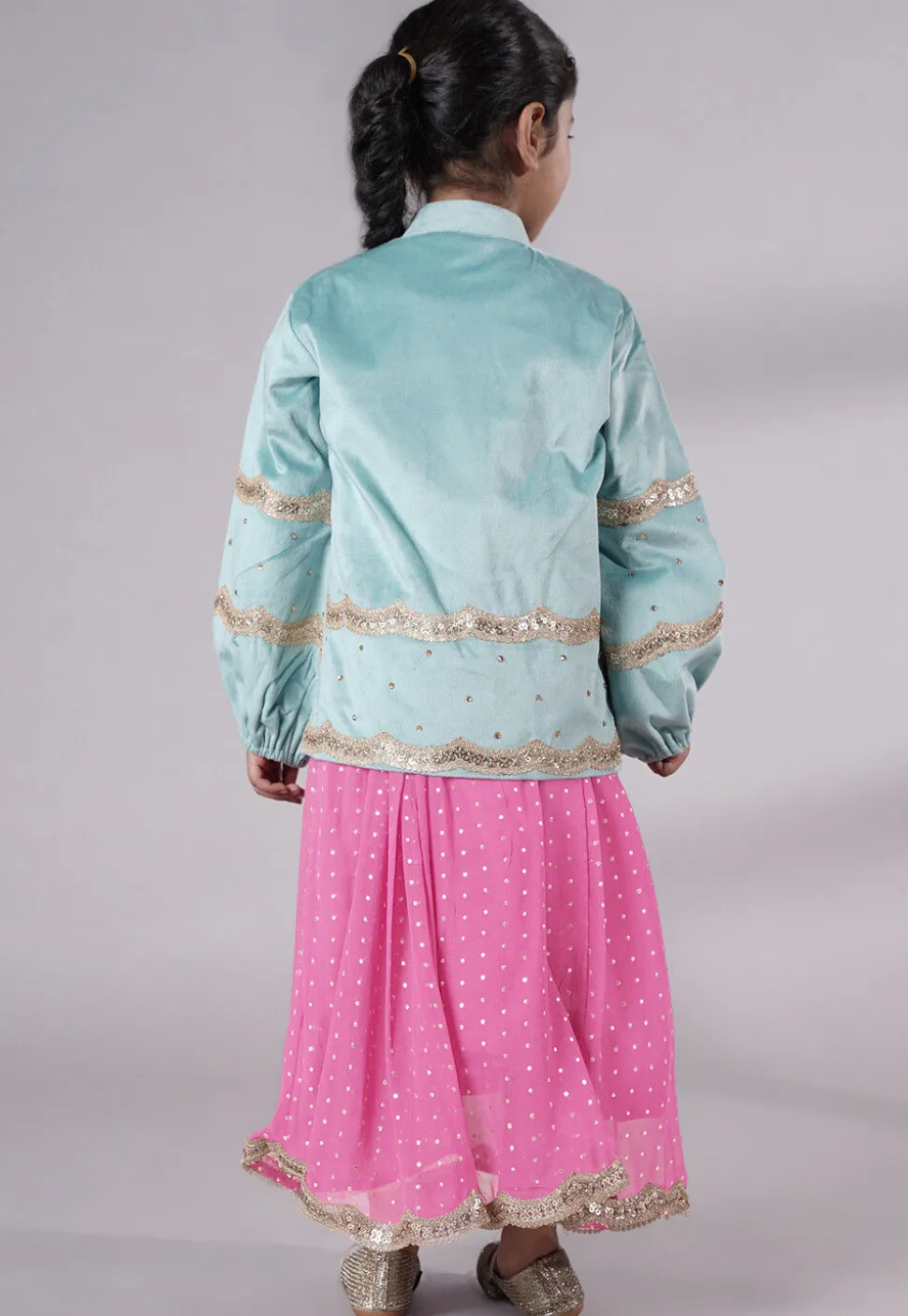 Embroidered Georgette Maxi Dress with Jacket in Pink