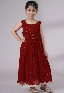 Embroidered Georgette Maxi Dress in Maroon
