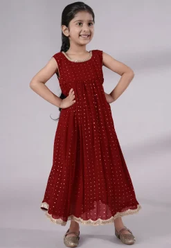 Embroidered Georgette Maxi Dress in Maroon