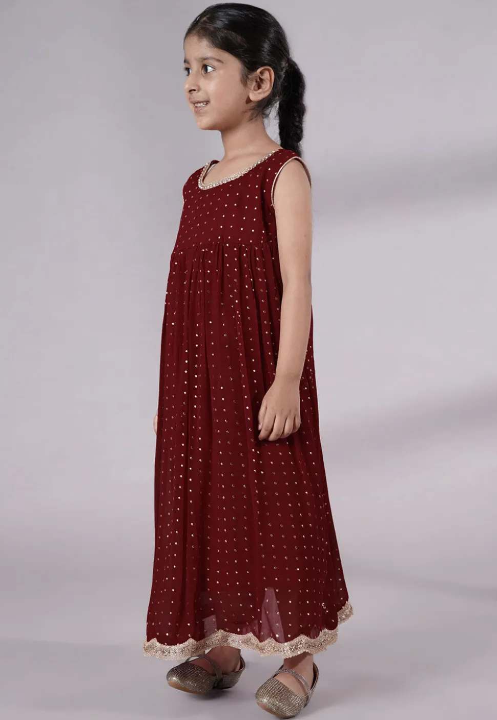 Embroidered Georgette Maxi Dress in Maroon