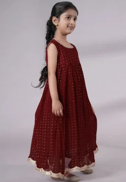 Embroidered Georgette Maxi Dress in Maroon