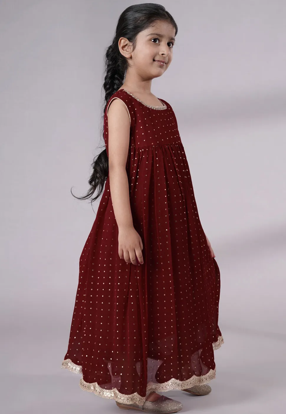 Embroidered Georgette Maxi Dress in Maroon