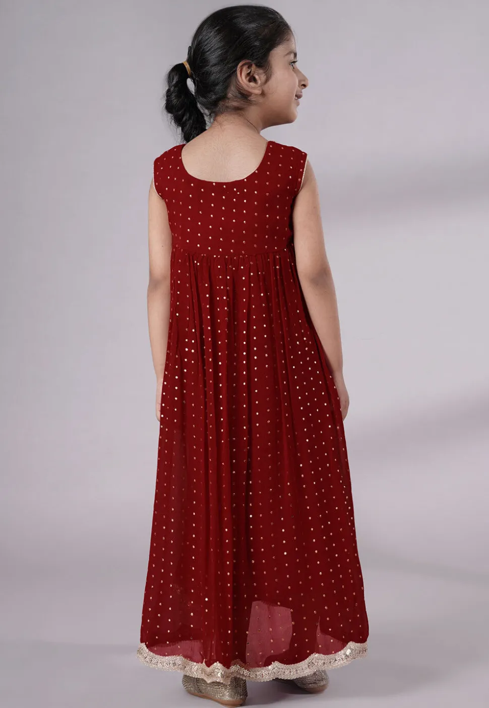 Embroidered Georgette Maxi Dress in Maroon