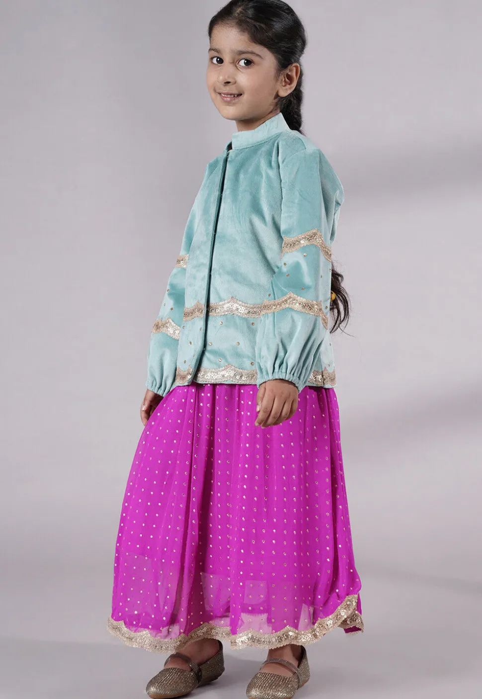 Embroidered Georgette Maxi Dress with Jacket in Fuchsia