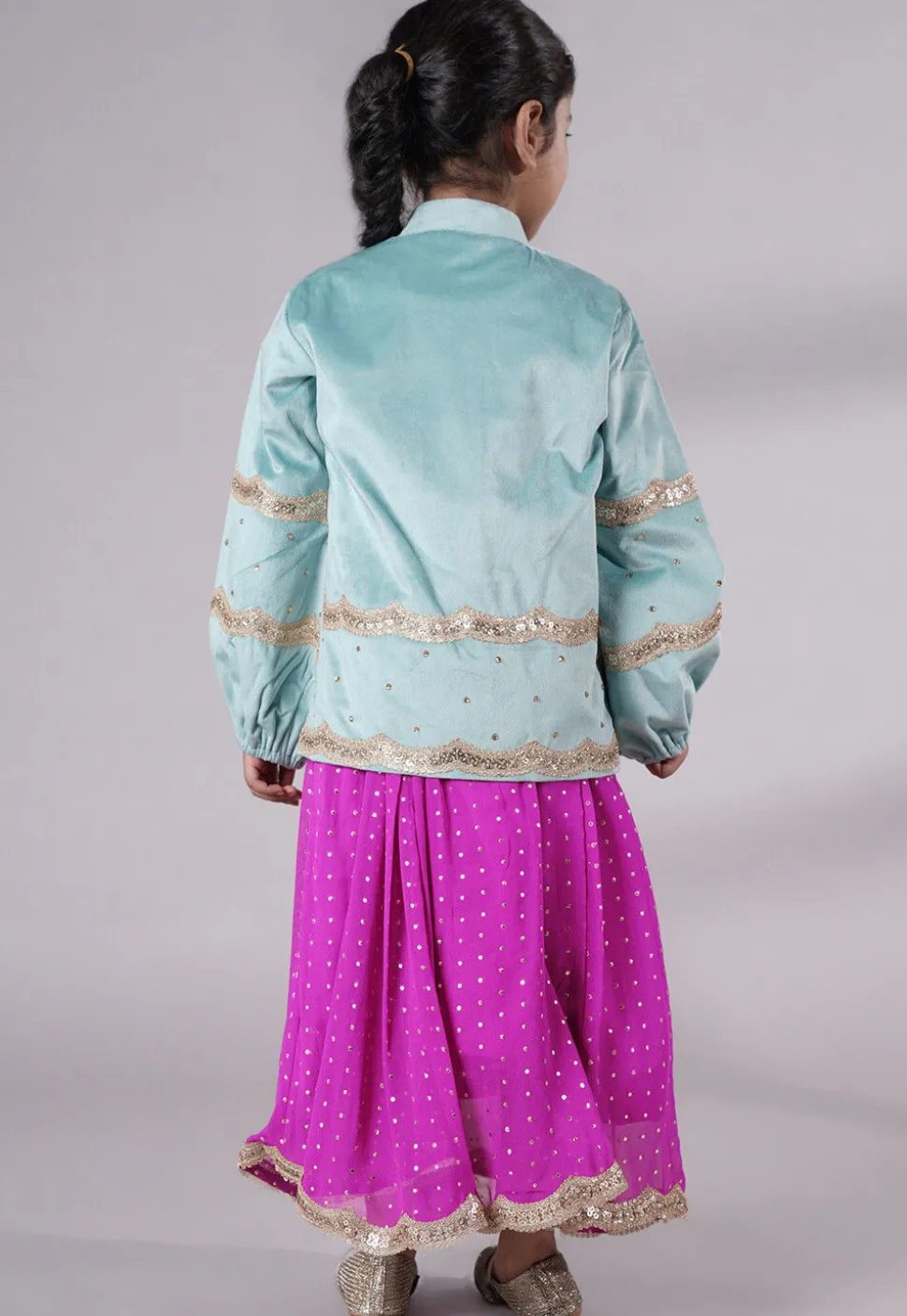 Embroidered Georgette Maxi Dress with Jacket in Fuchsia