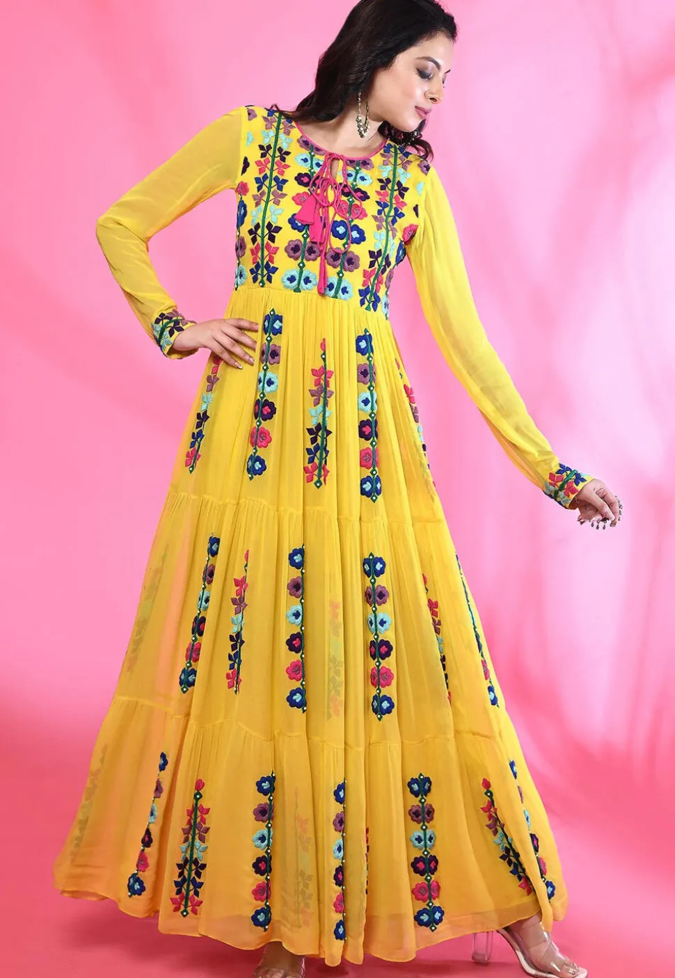 Embroidered Georgette Maxi Dress in Yellow
