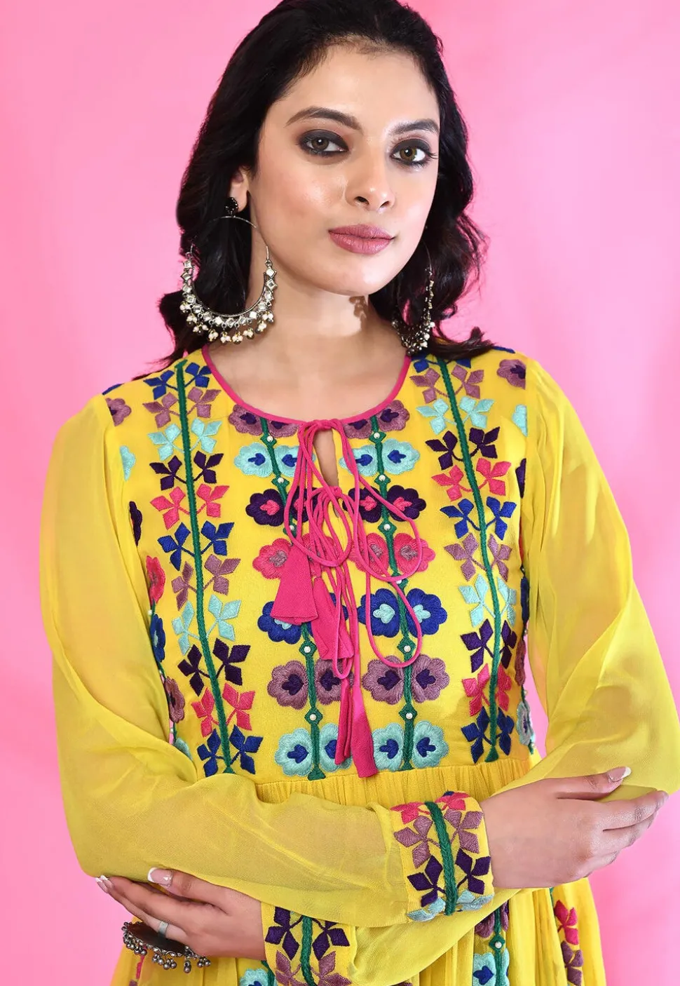 Embroidered Georgette Maxi Dress in Yellow